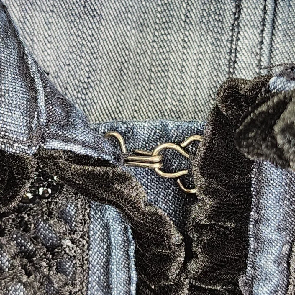 Womens Emma James Blue Denim Jacket w/ Black Lace Trim Size 10